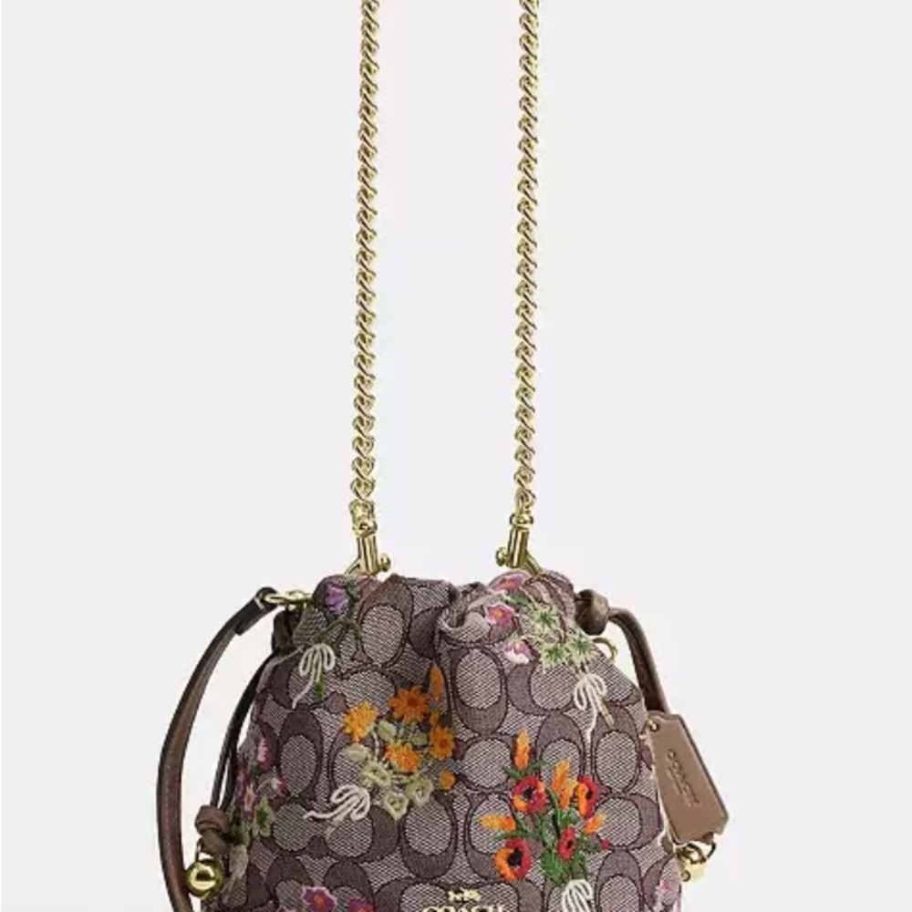 Coach Brown Floral Embroidered Mini Drawstring Bag with Gold Chain